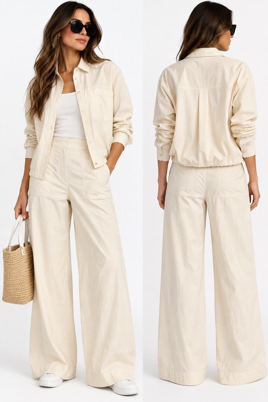 Zara NWT Women’s S Cream Cotton Blend 2 Piece Set Wide Leg Pants Shirt Jacket